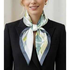 ❤️New Luxury Elegant Bandana Square Silky Scarf Floral Green Beige large Flowers